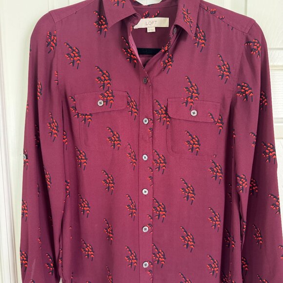 Loft Tops - Loft Maroon Print Long Sleeve Utility Button Shirt